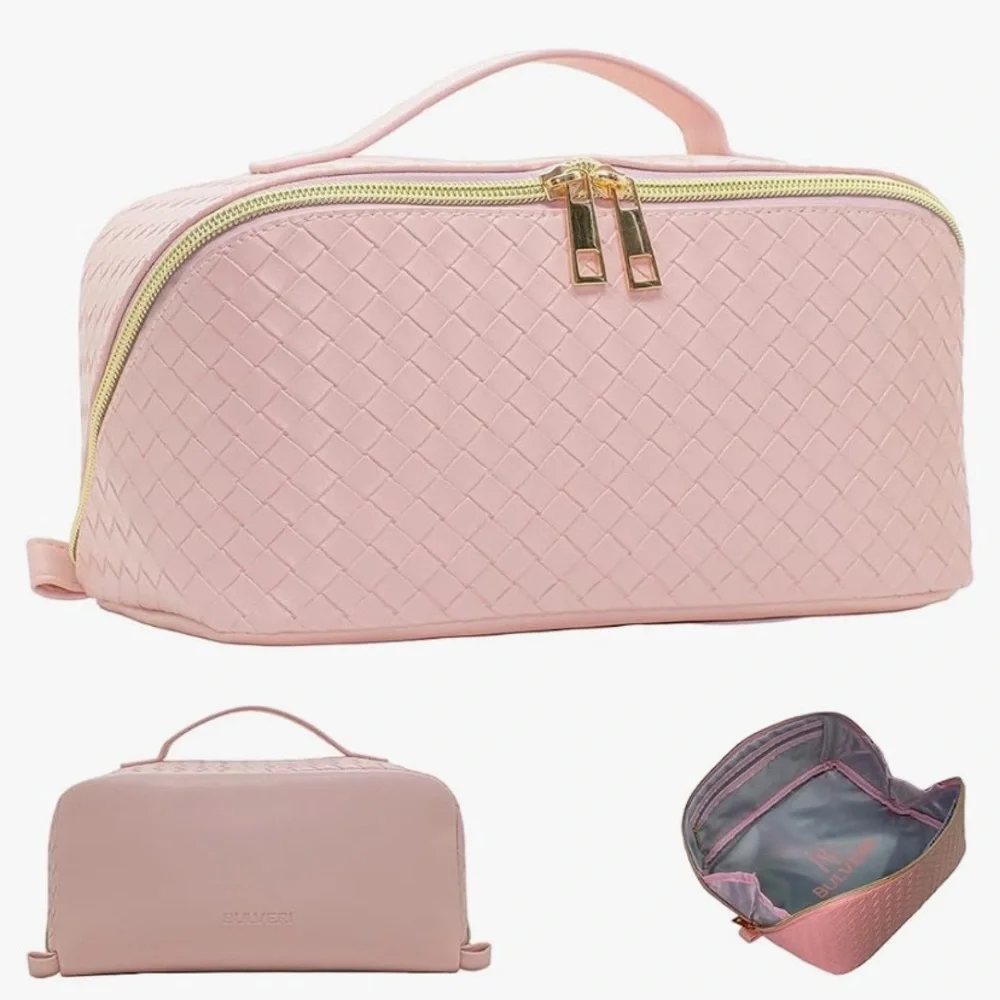 NWT Bulveri Pink Quilted Makeup Bag with Gold Zipper